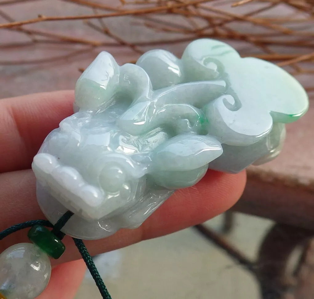 Certified Hand Carved Natural Green Burma A Jade jadeite Dragon Pi Xiu Ruyi Pendant Necklace