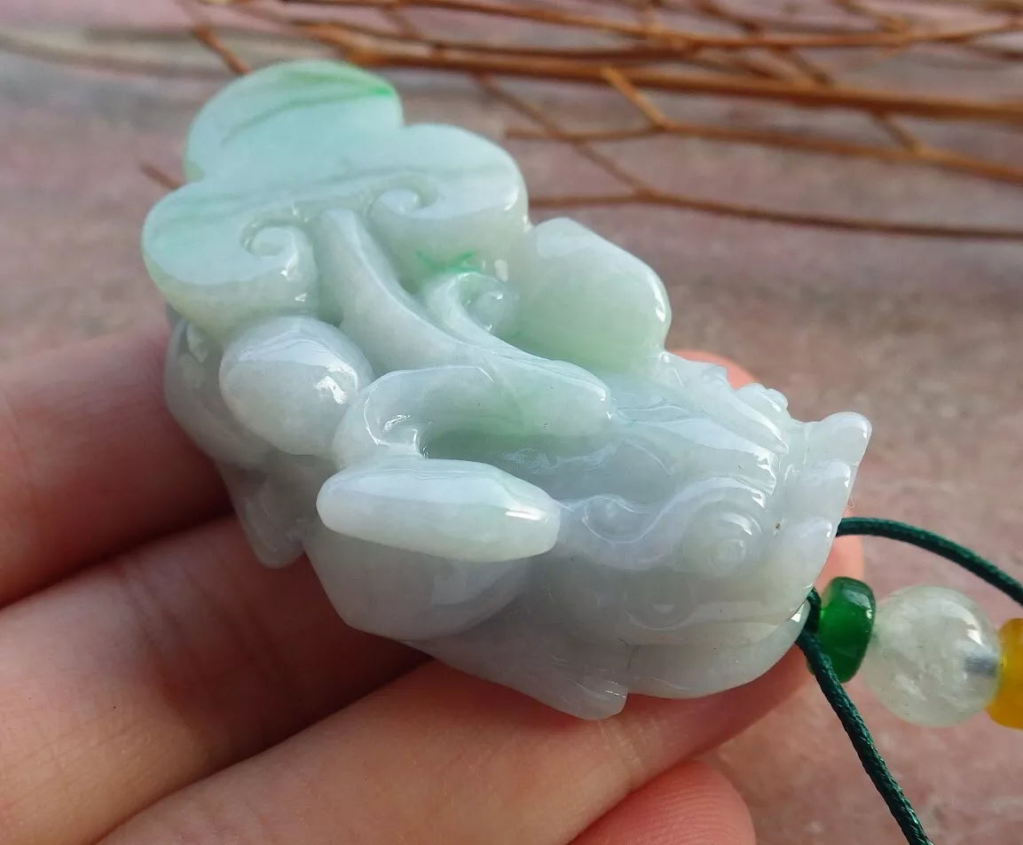 Certified Hand Carved Natural Green Burma A Jade jadeite Dragon Pi Xiu Ruyi Pendant Necklace