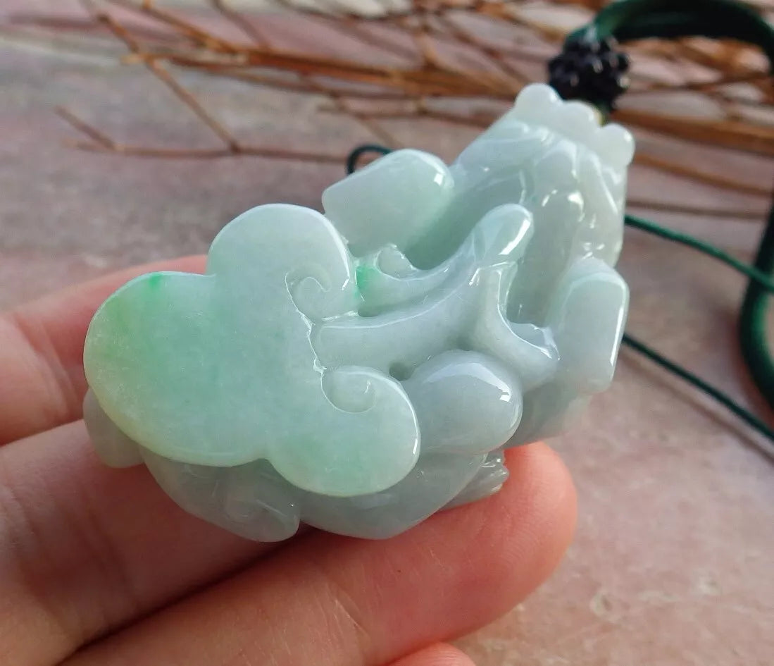 Certified Hand Carved Natural Green Burma A Jade jadeite Dragon Pi Xiu Ruyi Pendant Necklace