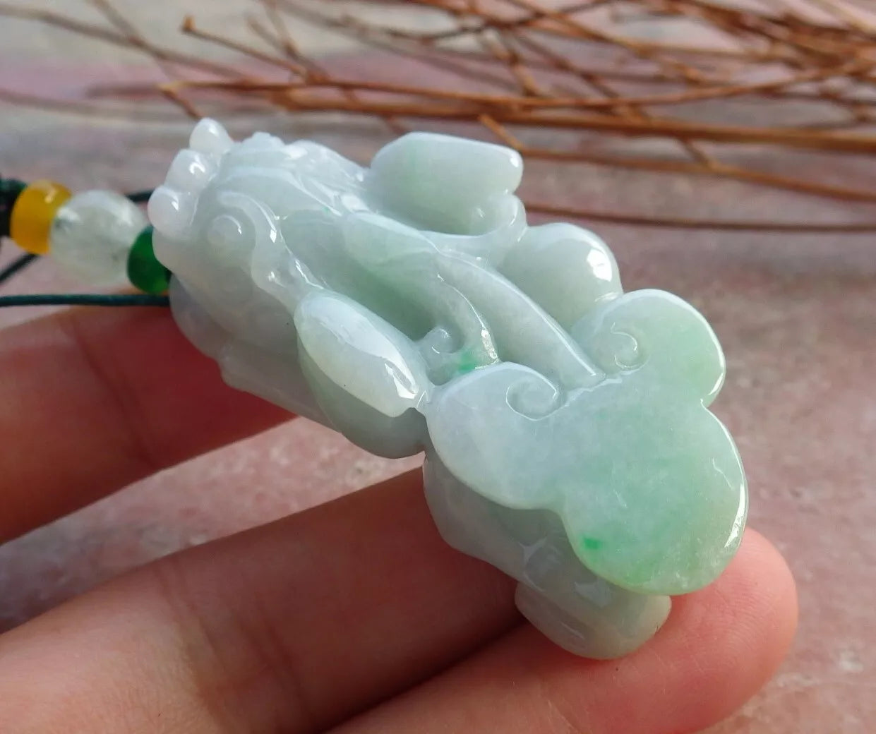 Certified Hand Carved Natural Green Burma A Jade jadeite Dragon Pi Xiu Ruyi Pendant Necklace