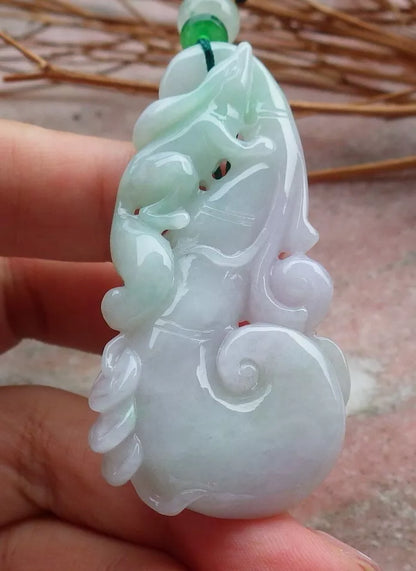 Certified Hand Carved Natural Myanmar Burma Grade A Jade Jadeite Fox Lotus Flower Ruyi Pendant Necklace