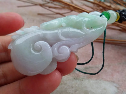 Certified Hand Carved Natural Myanmar Burma Grade A Jade Jadeite Fox Lotus Flower Ruyi Pendant Necklace