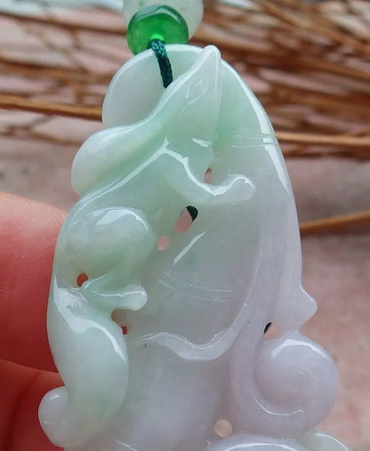 Certified Hand Carved Natural Myanmar Burma Grade A Jade Jadeite Fox Lotus Flower Ruyi Pendant Necklace