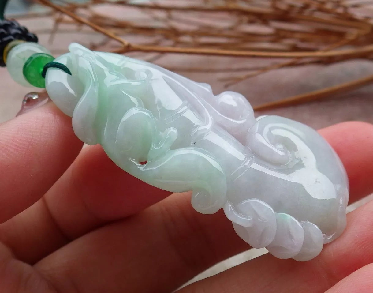 Certified Hand Carved Natural Myanmar Burma Grade A Jade Jadeite Fox Lotus Flower Ruyi Pendant Necklace