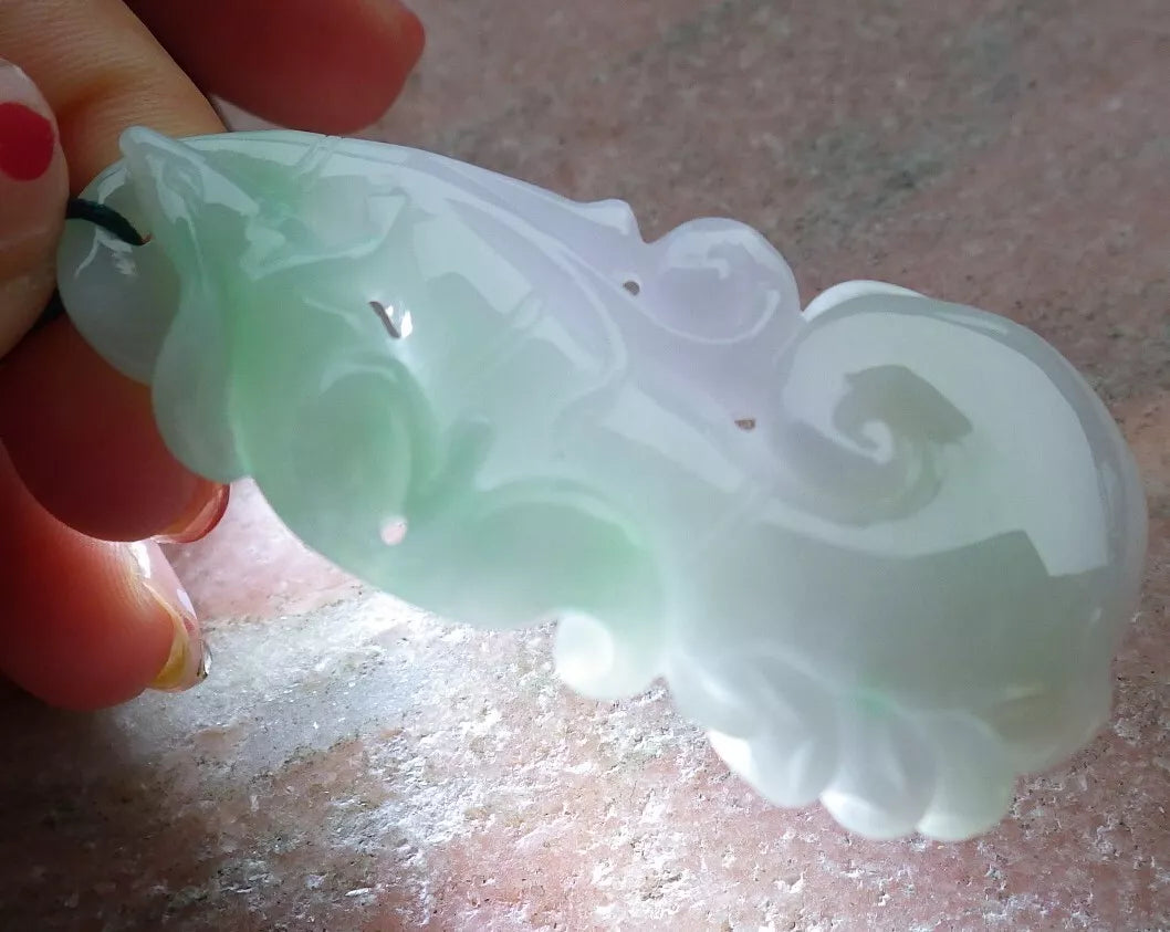 Certified Hand Carved Natural Myanmar Burma Grade A Jade Jadeite Fox Lotus Flower Ruyi Pendant Necklace