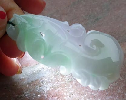 Certified Hand Carved Natural Myanmar Burma Grade A Jade Jadeite Fox Lotus Flower Ruyi Pendant Necklace