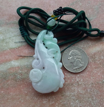 Certified Hand Carved Natural Myanmar Burma Grade A Jade Jadeite Fox Lotus Flower Ruyi Pendant Necklace