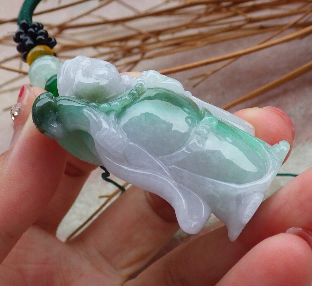 Certified Hand Carved Green Natural Myanmar Burma Grade A Jade Jadeite Buddha God Ruyi Pendant Necklace