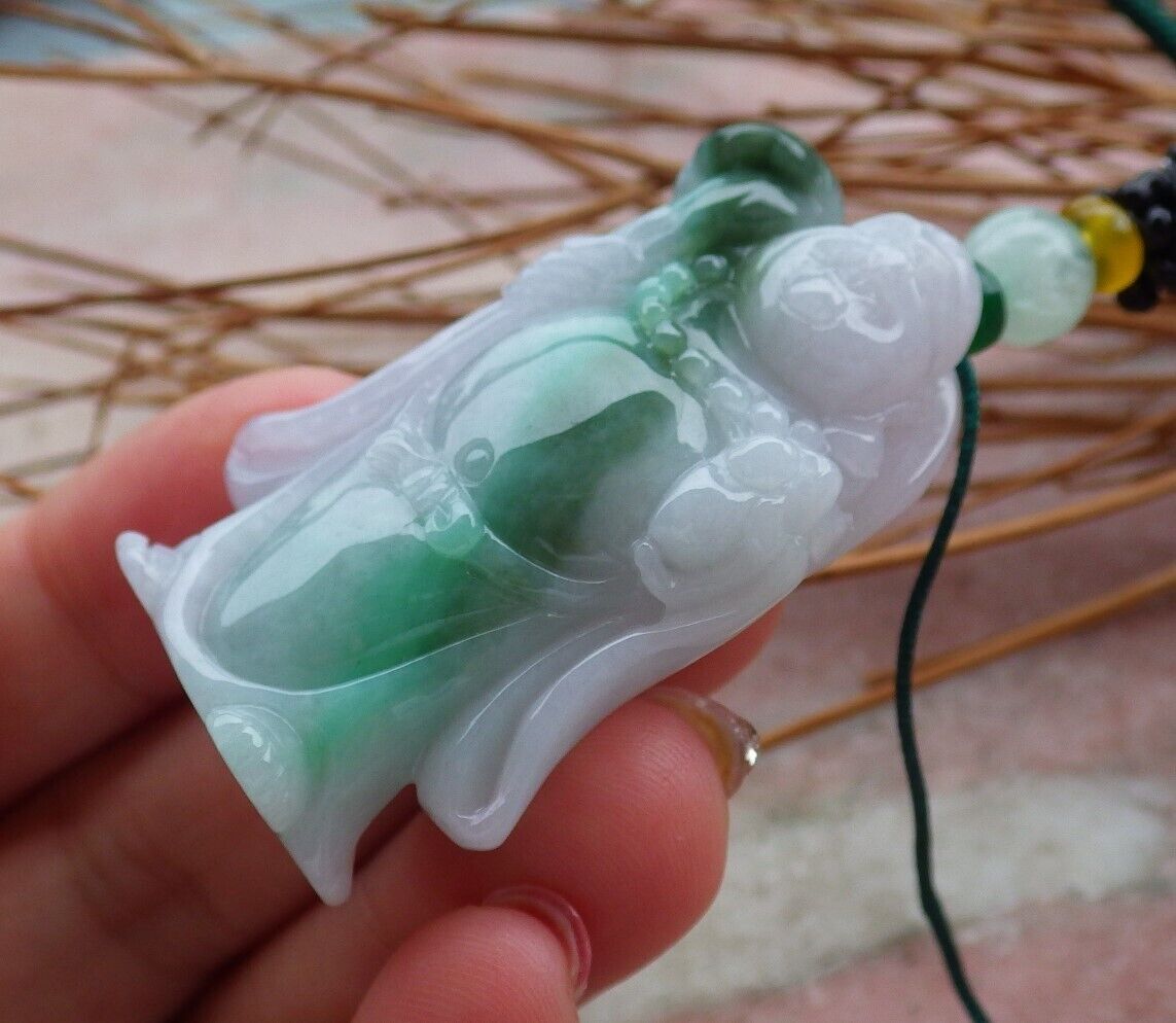 Certified Hand Carved Green Natural Myanmar Burma Grade A Jade Jadeite Buddha God Ruyi Pendant Necklace