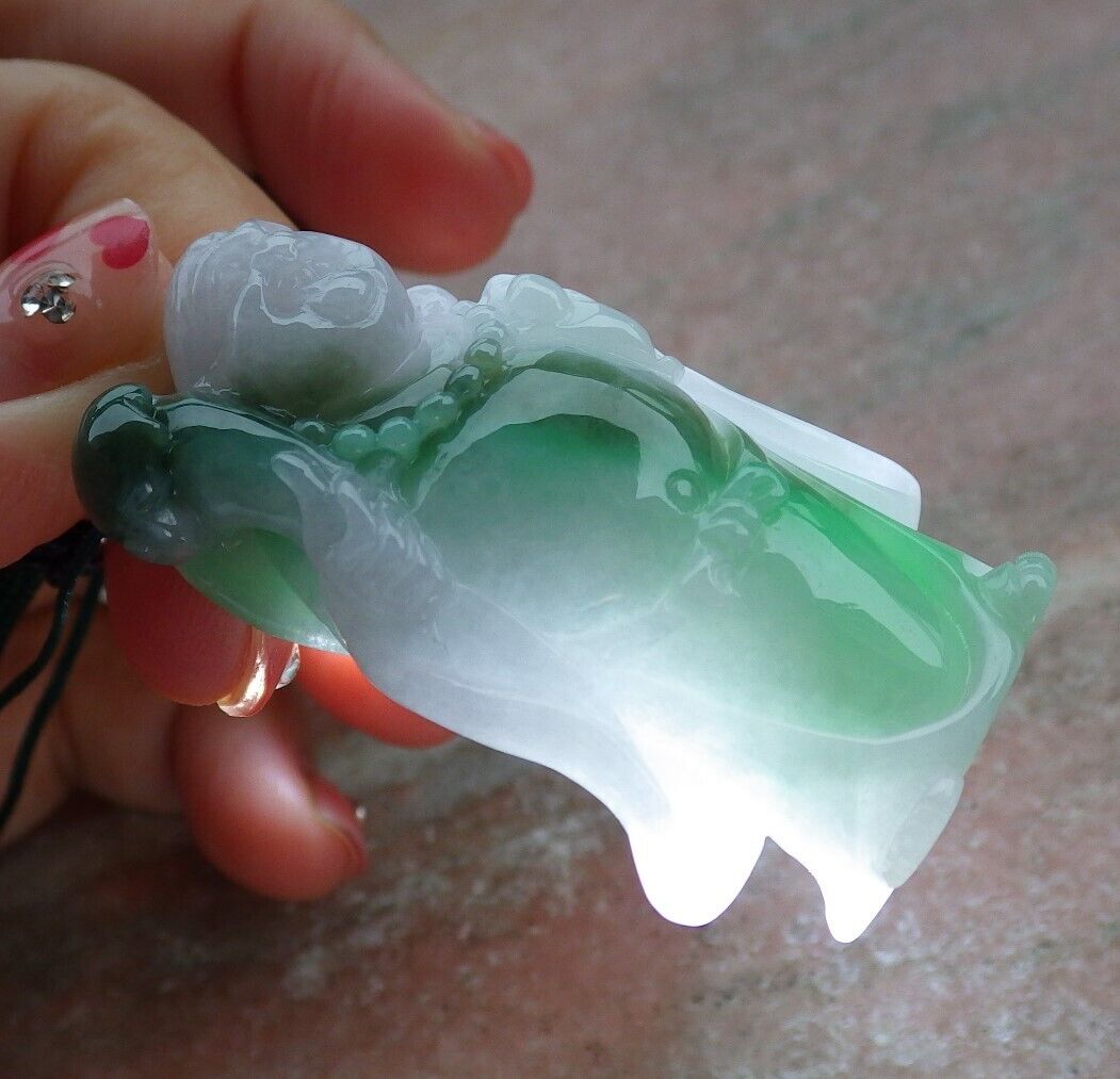 Certified Hand Carved Green Natural Myanmar Burma Grade A Jade Jadeite Buddha God Ruyi Pendant Necklace