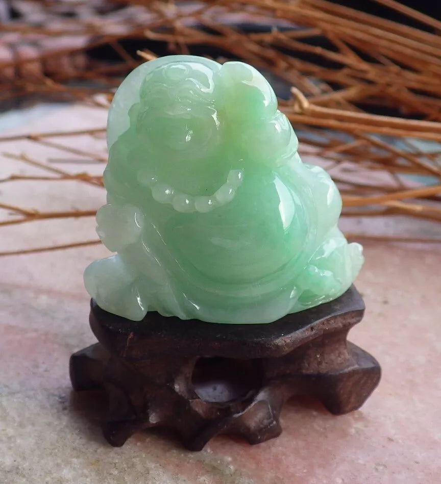 Certified Green Natural Burma A Jade jadeite Happy Buddha God Ruyi Display with Wood Stand