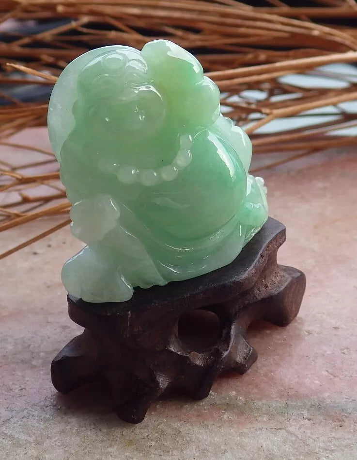 Certified Green Natural Burma A Jade jadeite Happy Buddha God Ruyi Display with Wood Stand