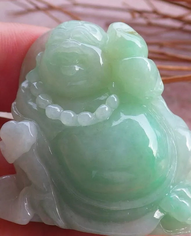 Certified Green Natural Burma A Jade jadeite Happy Buddha God Ruyi Display with Wood Stand