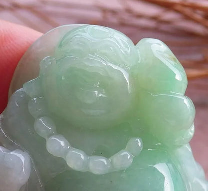 Certified Green Natural Burma A Jade jadeite Happy Buddha God Ruyi Display with Wood Stand