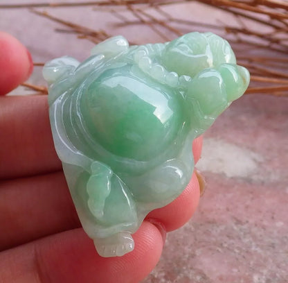 Certified Green Natural Burma A Jade jadeite Happy Buddha God Ruyi Display with Wood Stand