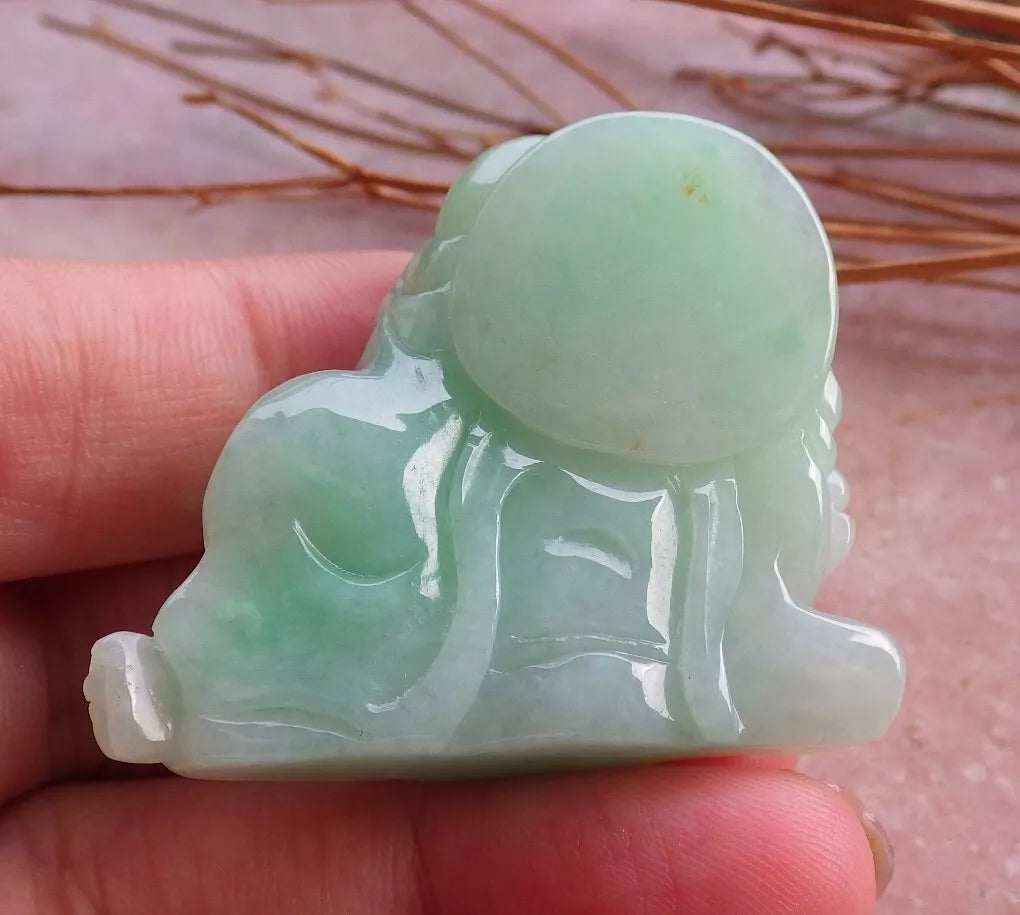 Certified Green Natural Burma A Jade jadeite Happy Buddha God Ruyi Display with Wood Stand