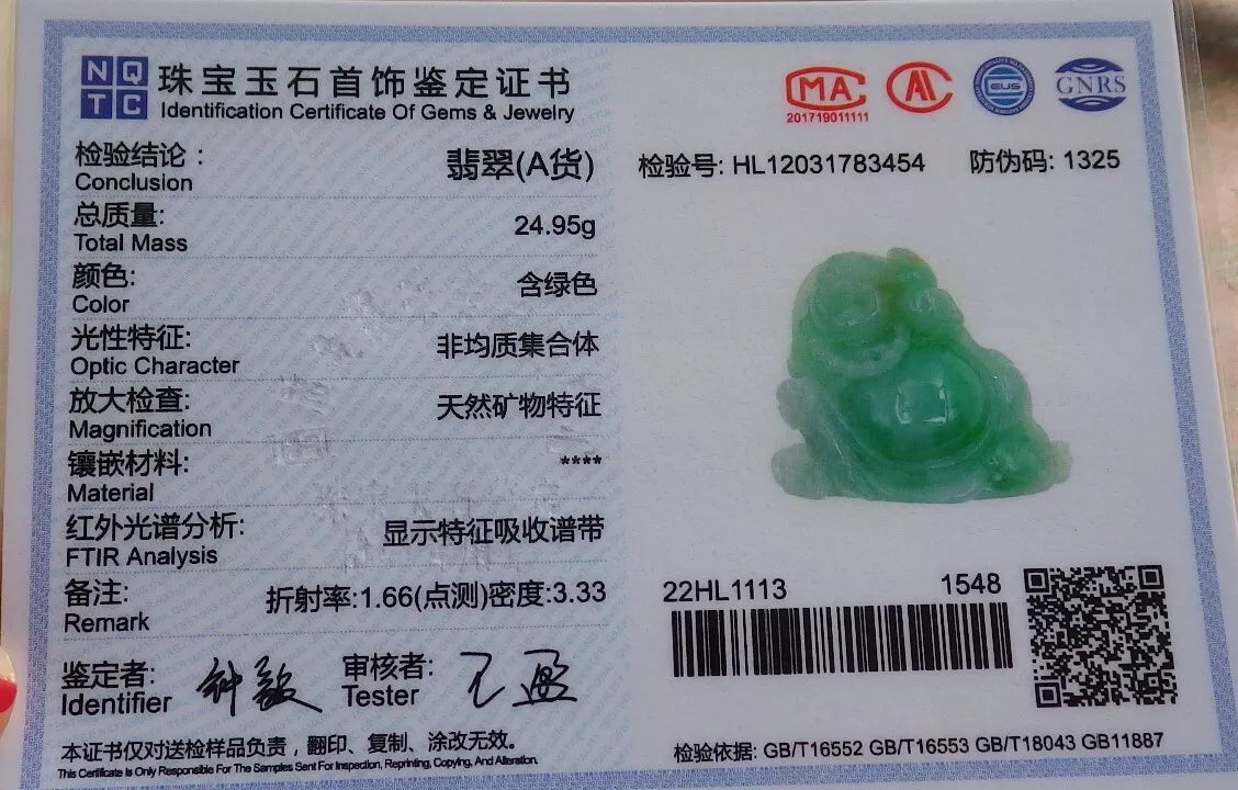 Certified Green Natural Burma A Jade jadeite Happy Buddha God Ruyi Display with Wood Stand