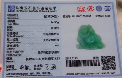 Certified Green Natural Burma A Jade jadeite Happy Buddha God Ruyi Display with Wood Stand
