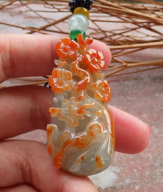 Certified Hand Carved Green Yellow Myanmar Burma Natural Grade A Jade jadeite Deer Flower Pendant Necklace