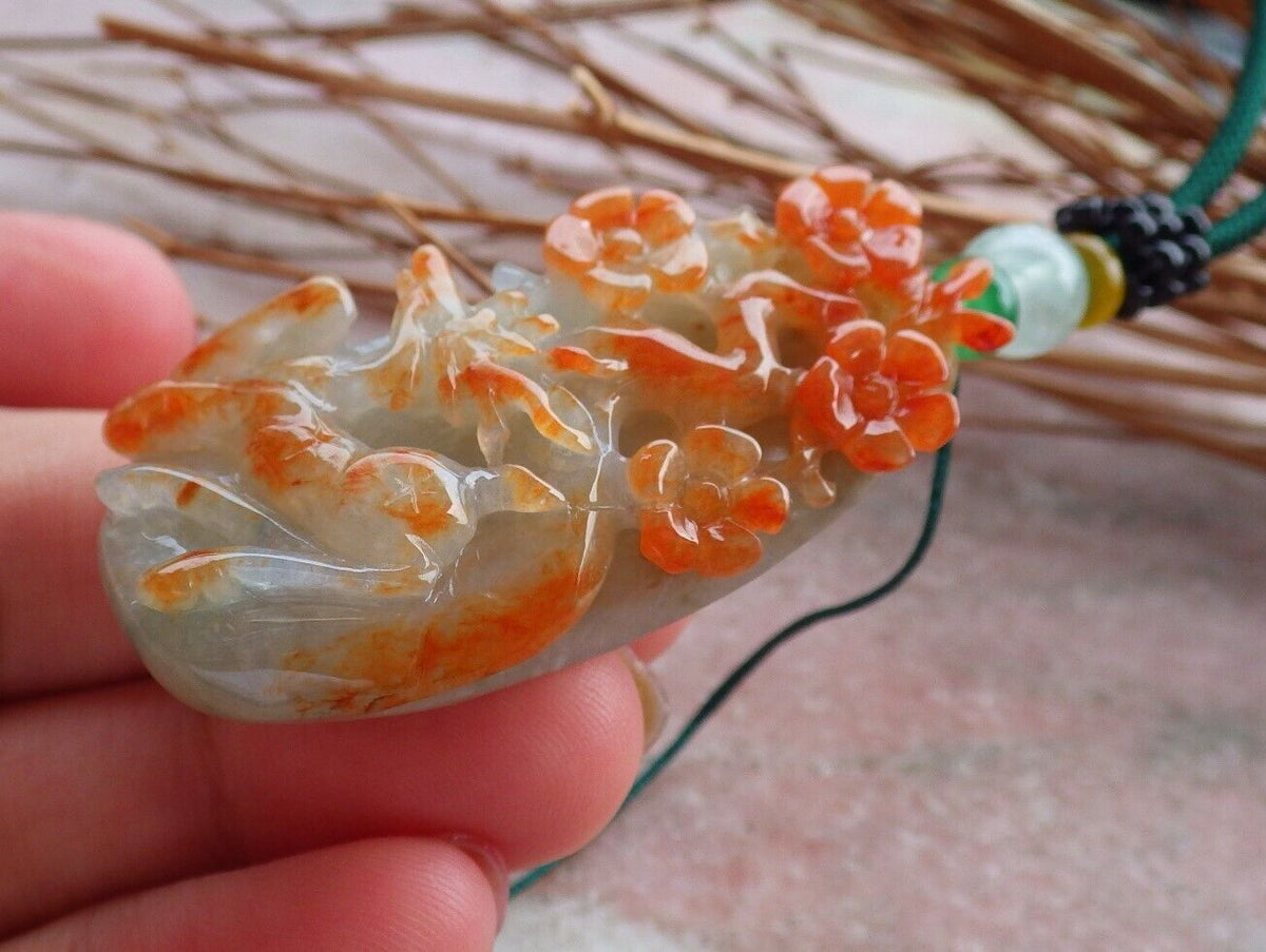Certified Hand Carved Green Yellow Myanmar Burma Natural Grade A Jade jadeite Deer Flower Pendant Necklace