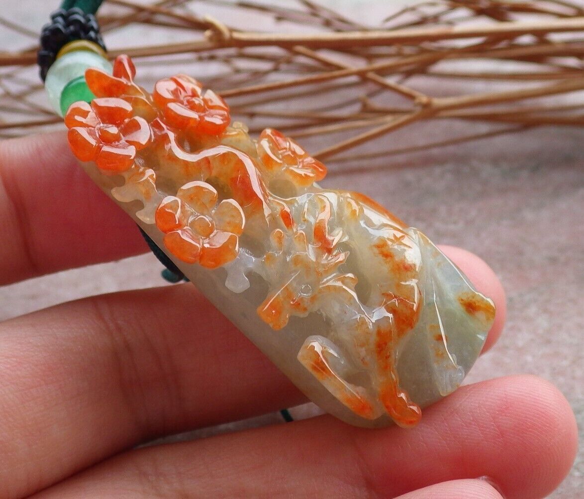 Certified Hand Carved Green Yellow Myanmar Burma Natural Grade A Jade jadeite Deer Flower Pendant Necklace