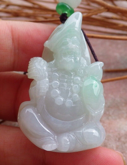Certified Hand Carved Green Natural Myanmar Burma Grade A Jade jadeite Ji Kung Buddha God Pendant Necklace
