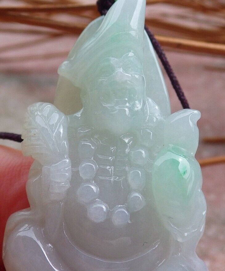 Certified Hand Carved Green Natural Myanmar Burma Grade A Jade jadeite Ji Kung Buddha God Pendant Necklace