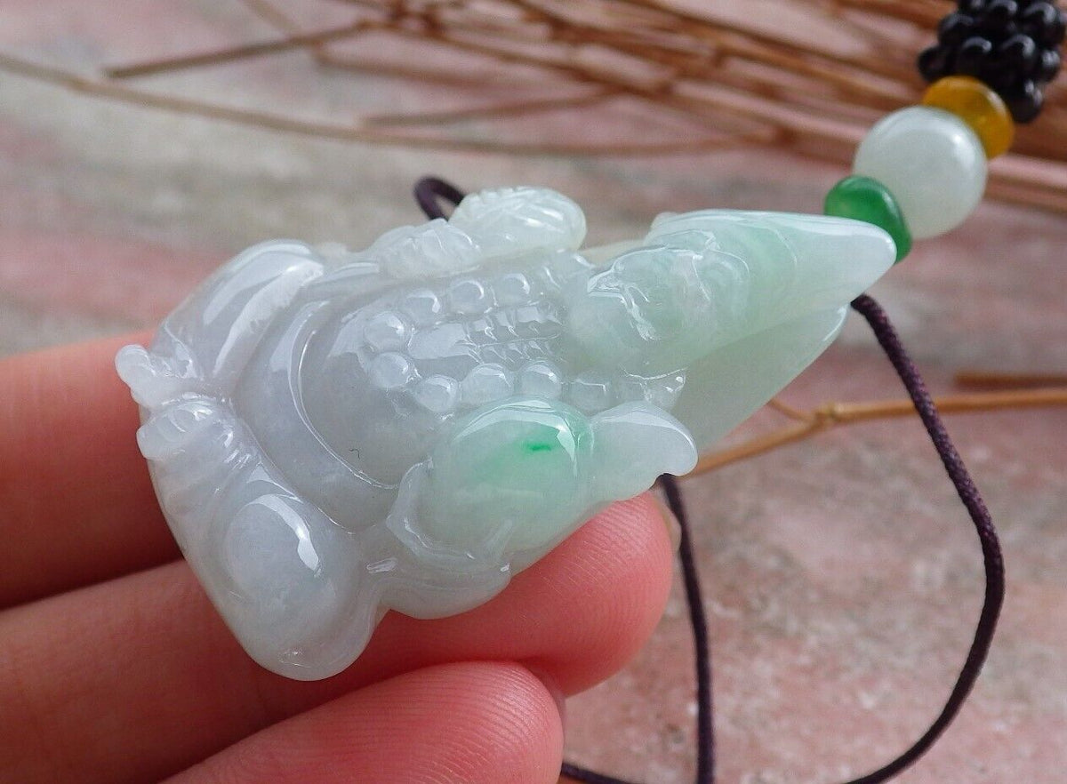 Certified Hand Carved Green Natural Myanmar Burma Grade A Jade jadeite Ji Kung Buddha God Pendant Necklace