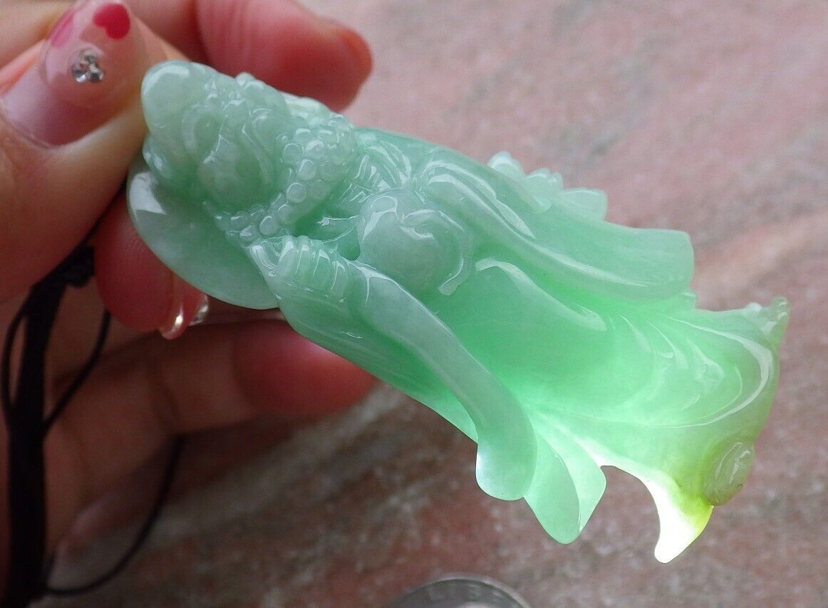 Certified Hand Carved Green Natural Myanmar Burma Grade A Jade jadeite Da Mo Buddha God Pendant Necklace