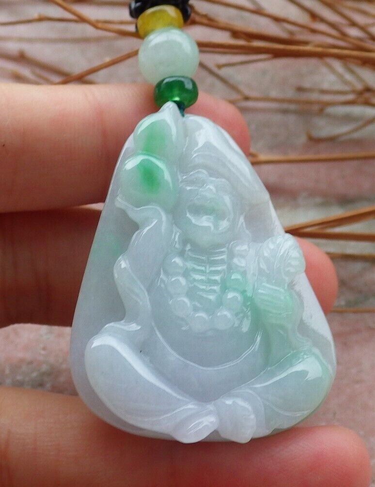 Certified Hand Carved Green Natural Myanmar Burma Grade A Jade jadeite Ji Kung Buddha God Gourd Pendant Necklace