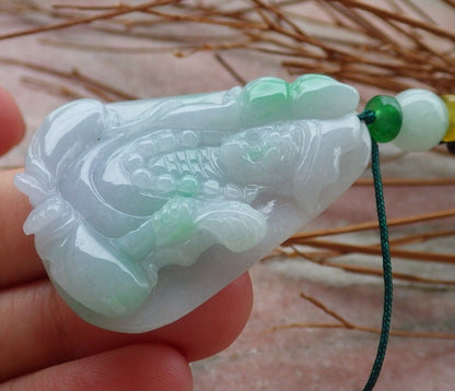 Certified Hand Carved Green Natural Myanmar Burma Grade A Jade jadeite Ji Kung Buddha God Gourd Pendant Necklace