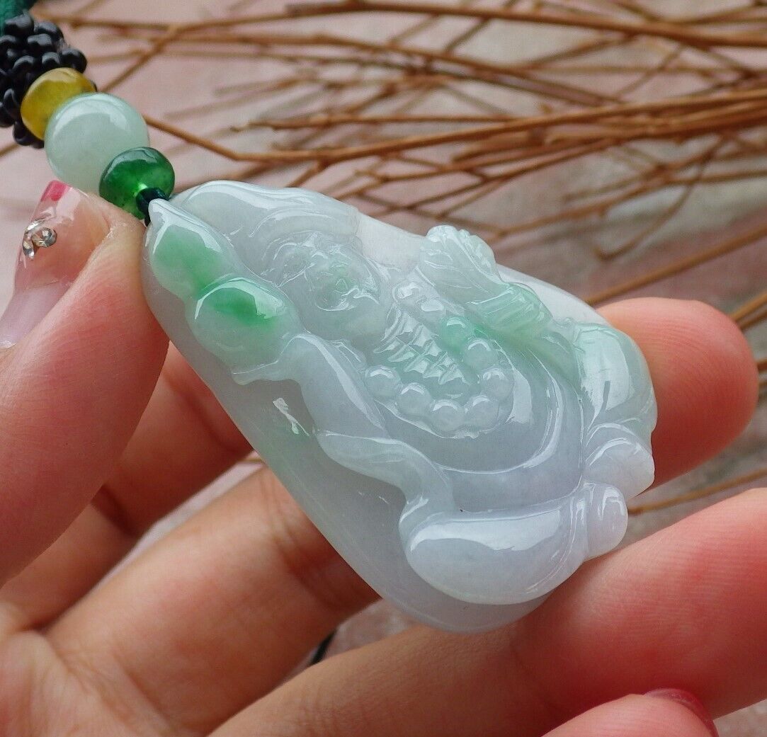 Certified Hand Carved Green Natural Myanmar Burma Grade A Jade jadeite Ji Kung Buddha God Gourd Pendant Necklace