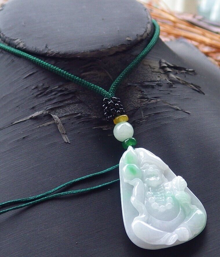 Certified Hand Carved Green Natural Myanmar Burma Grade A Jade jadeite Ji Kung Buddha God Gourd Pendant Necklace
