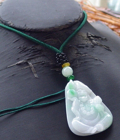 Certified Hand Carved Green Natural Myanmar Burma Grade A Jade jadeite Ji Kung Buddha God Gourd Pendant Necklace