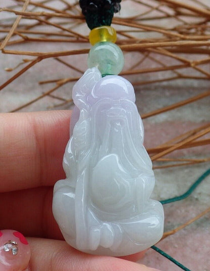 Certified Hand Carved Natural Lavender Myanmar Burma Grade A Jade jadeite Longevity God Pendant Necklace