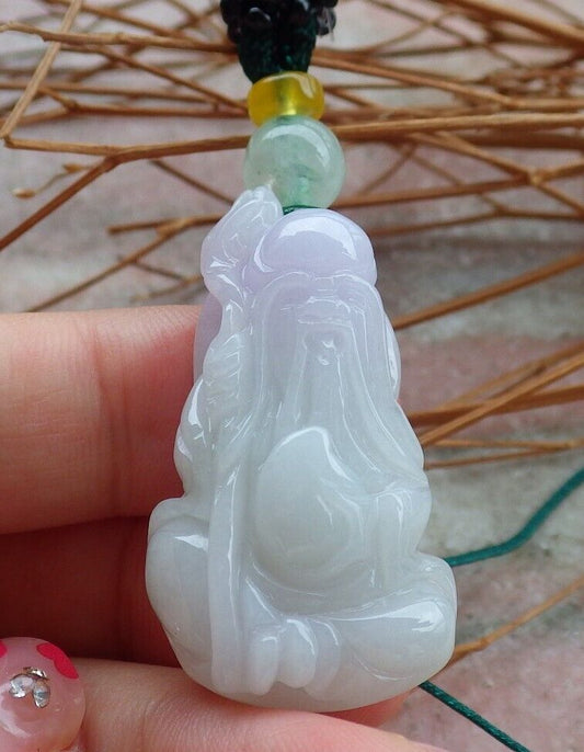 Certified Hand Carved Natural Lavender Myanmar Burma Grade A Jade jadeite Longevity God Pendant Necklace