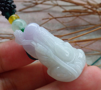 Certified Hand Carved Natural Lavender Myanmar Burma Grade A Jade jadeite Longevity God Pendant Necklace
