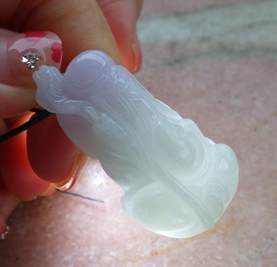 Certified Hand Carved Natural Lavender Myanmar Burma Grade A Jade jadeite Longevity God Pendant Necklace