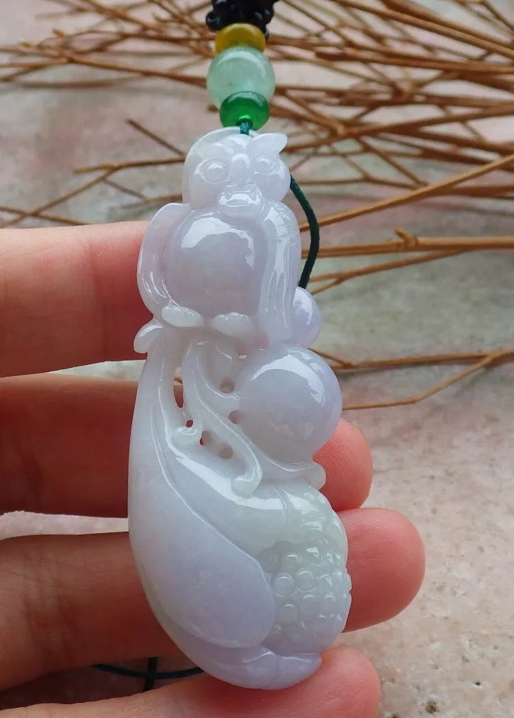 Certified Hand Carved Natural Myanmar Burma A Jade jadeite Owl Lotus Flower Ruyi Pendant Necklace