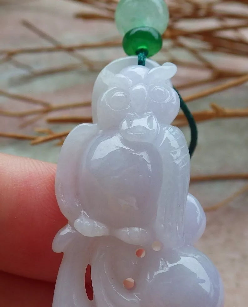 Certified Hand Carved Natural Myanmar Burma A Jade jadeite Owl Lotus Flower Ruyi Pendant Necklace