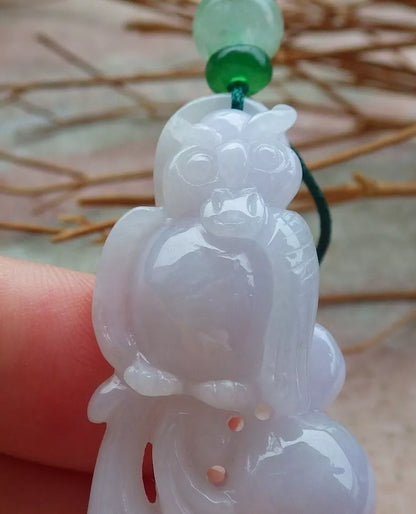 Certified Hand Carved Natural Myanmar Burma A Jade jadeite Owl Lotus Flower Ruyi Pendant Necklace