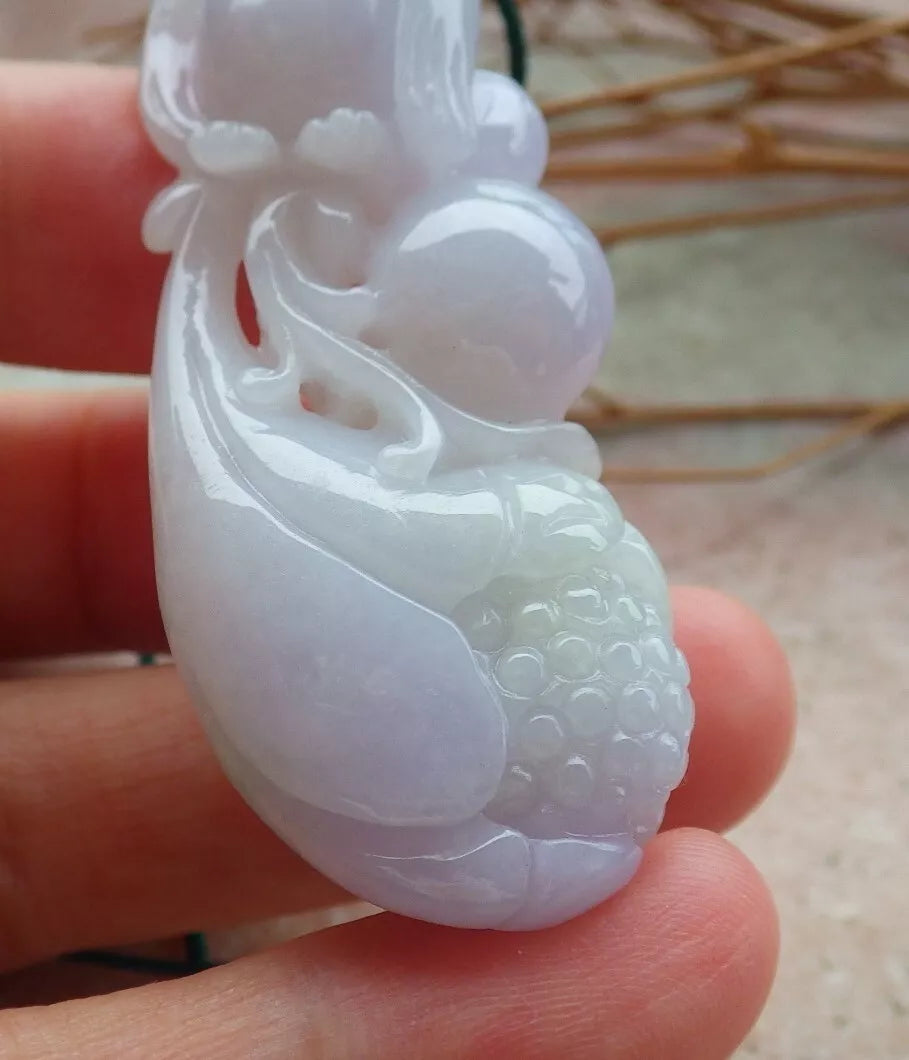 Certified Hand Carved Natural Myanmar Burma A Jade jadeite Owl Lotus Flower Ruyi Pendant Necklace