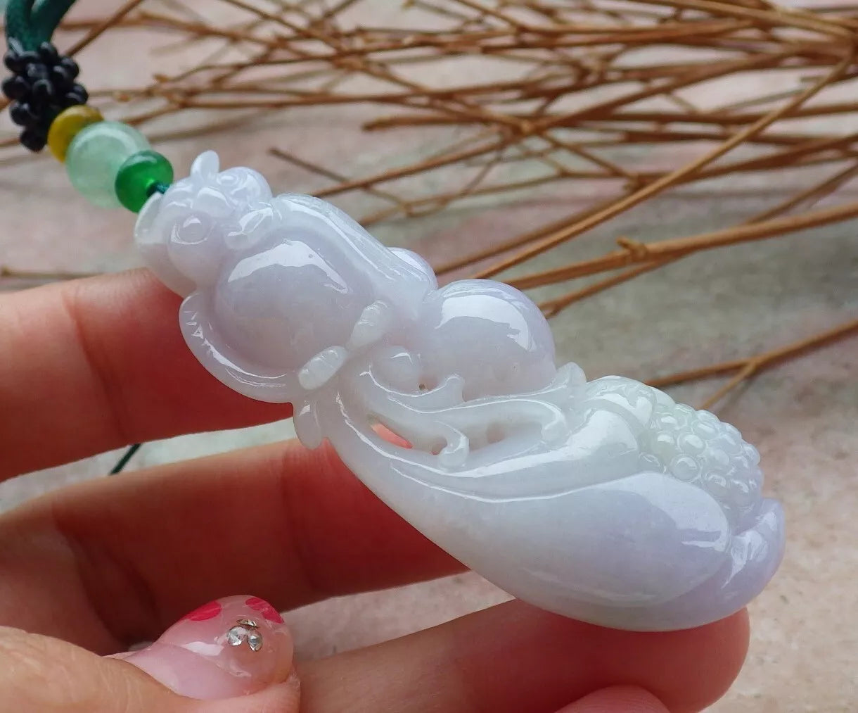Certified Hand Carved Natural Myanmar Burma A Jade jadeite Owl Lotus Flower Ruyi Pendant Necklace