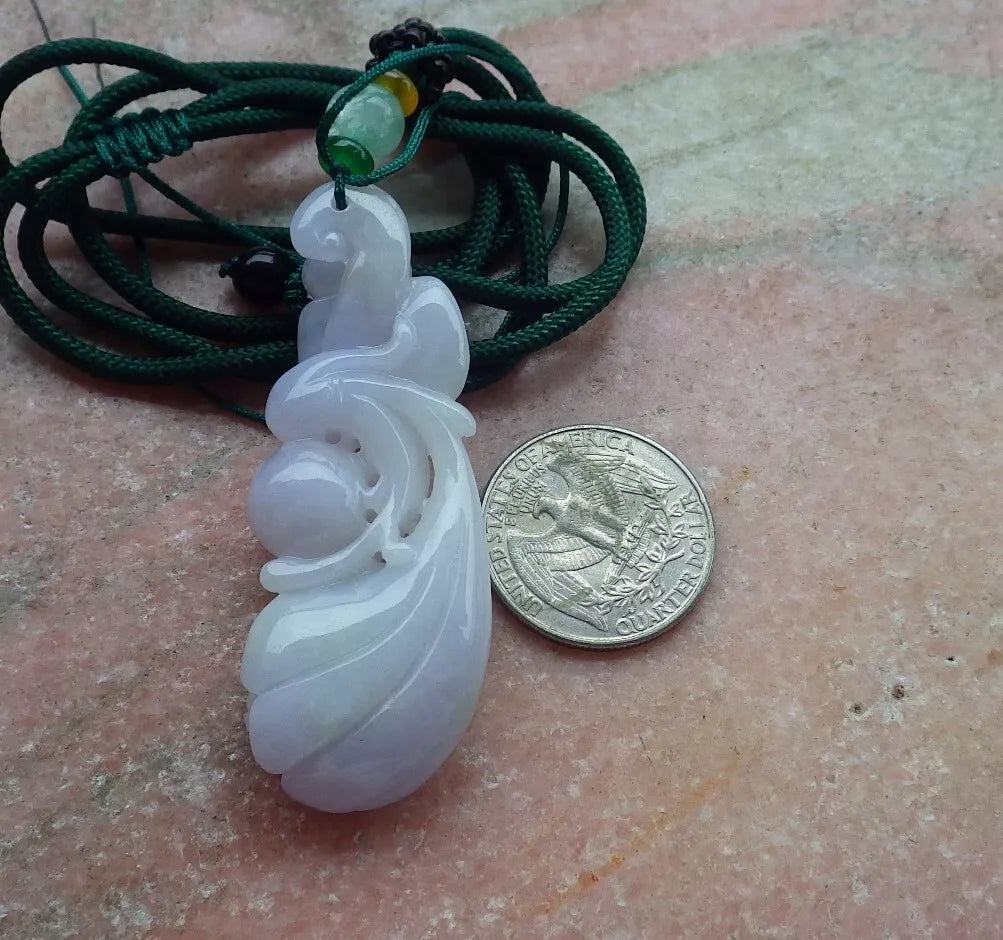 Certified Hand Carved Natural Myanmar Burma A Jade jadeite Owl Lotus Flower Ruyi Pendant Necklace