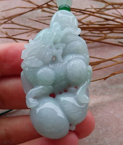 Certified Hand Carved Natural Myanmar Burma Grade A Jade jadeite Dragon Bead Lucky Amulet Pendant Necklace