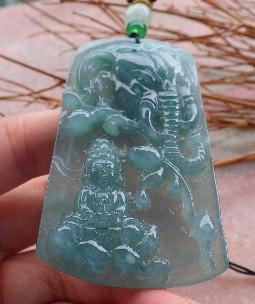 Certified Natural Hand Carved Blue Water Green A Jade jadeite Guanyin Kwan Yin God Elephant Pendant Necklace