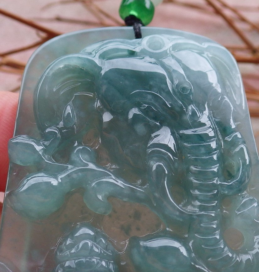 Certified Natural Hand Carved Blue Water Green A Jade jadeite Guanyin Kwan Yin God Elephant Pendant Necklace