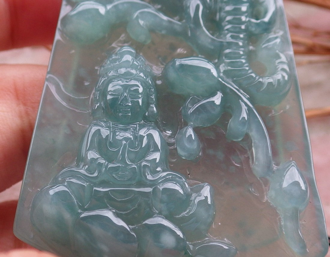 Certified Natural Hand Carved Blue Water Green A Jade jadeite Guanyin Kwan Yin God Elephant Pendant Necklace
