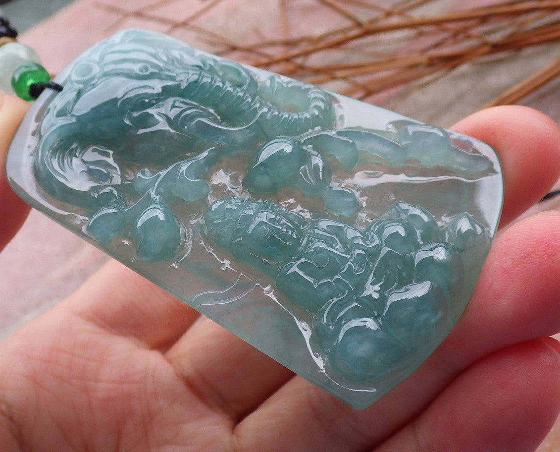 Certified Natural Hand Carved Blue Water Green A Jade jadeite Guanyin Kwan Yin God Elephant Pendant Necklace