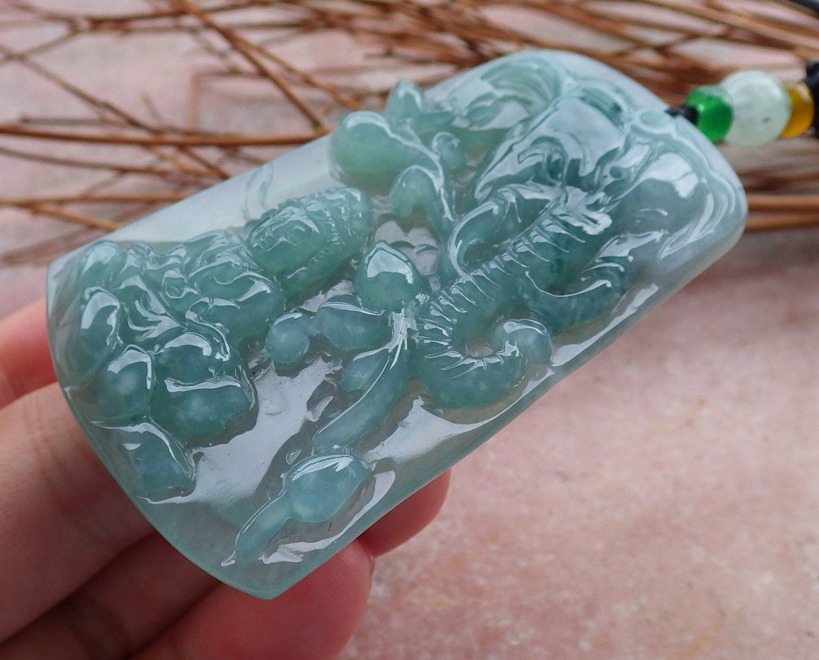Certified Natural Hand Carved Blue Water Green A Jade jadeite Guanyin Kwan Yin God Elephant Pendant Necklace